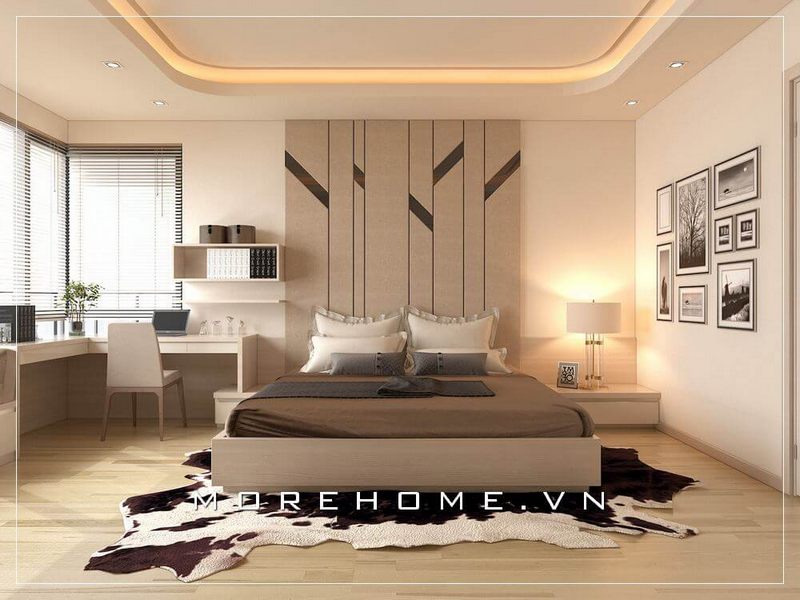 Giường ngủ hiện đại với tone màu sáng đồng bộ với nội thất khác trong căn phòng tạo sự liền mạch và hài hòa nhất cho không gian nghỉ ngơi của gia chủ